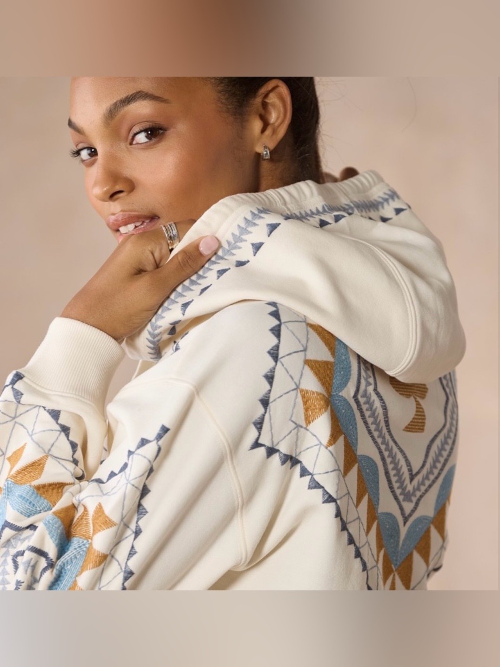 Sundance Aztec Embroidered Trim Zip up Hoodie